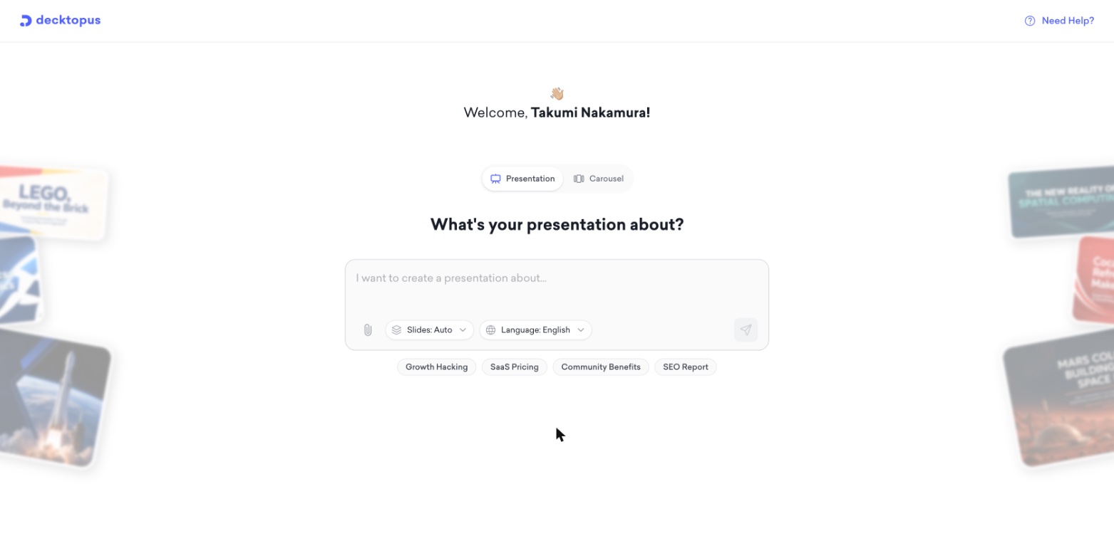 Decktopus's AI presentation creation screen, showing the 'What's your presentation about?' prompt step