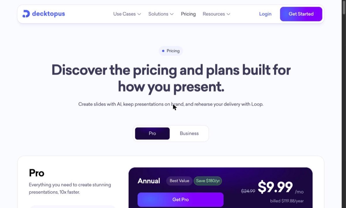 Decktopus's official pricing page showing the Pro and Business tiers
