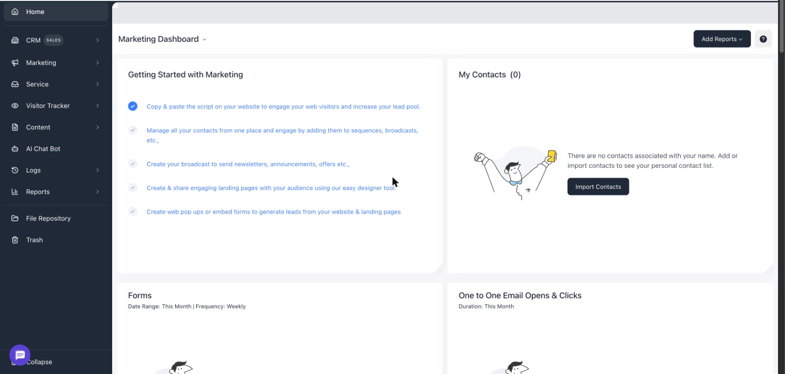 EngageBay's Marketing Dashboard on a free-tier account, showing the CRM, Marketing, Service, and other modules in the sidebar