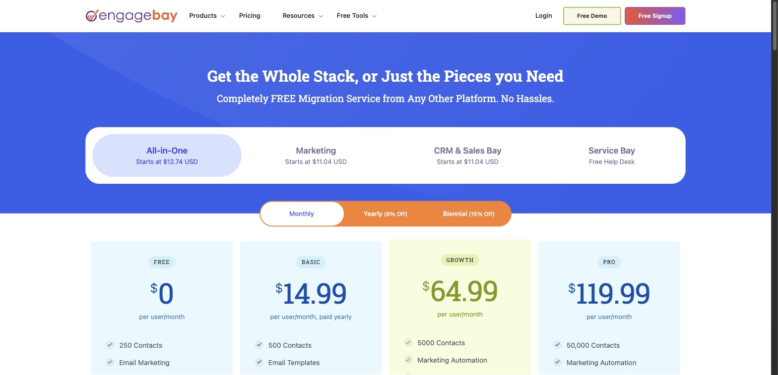 EngageBay's official pricing page showing Free, Basic, Growth, and Pro plans billed monthly