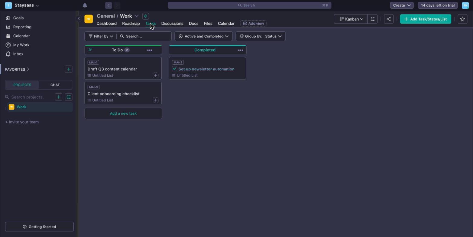 Nifty's Kanban task board on a free-tier account, showing a To Do column and a completed task