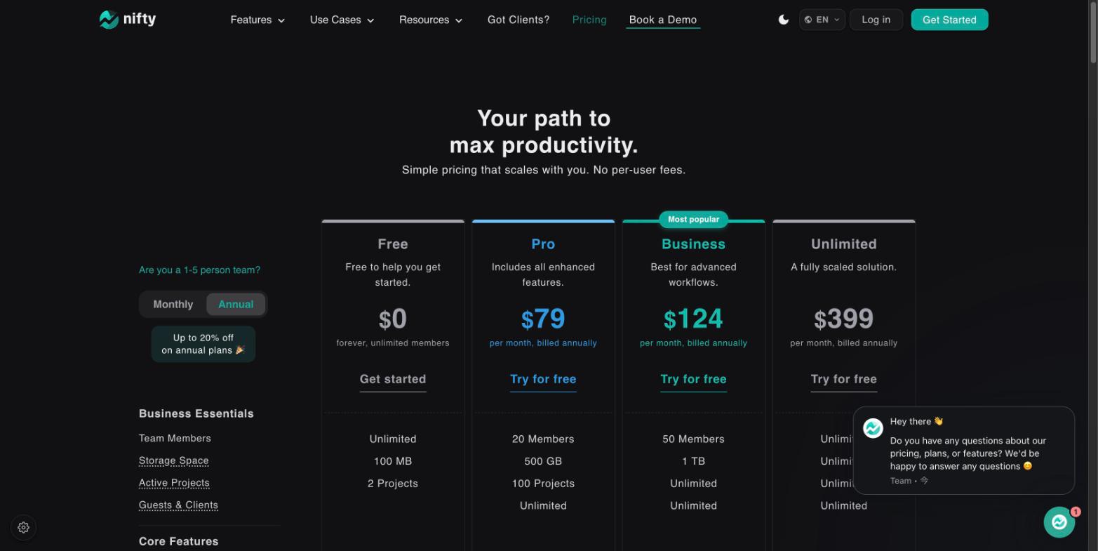 Nifty's pricing page showing flat-rate Free, Pro, Business, and Unlimited plans billed annually, with a note that there are no per-user fees