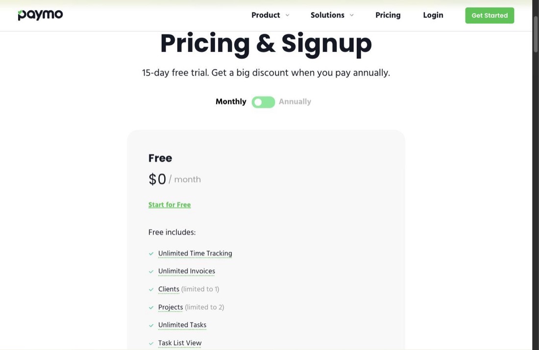 Paymo's official pricing page showing the Free plan's included features