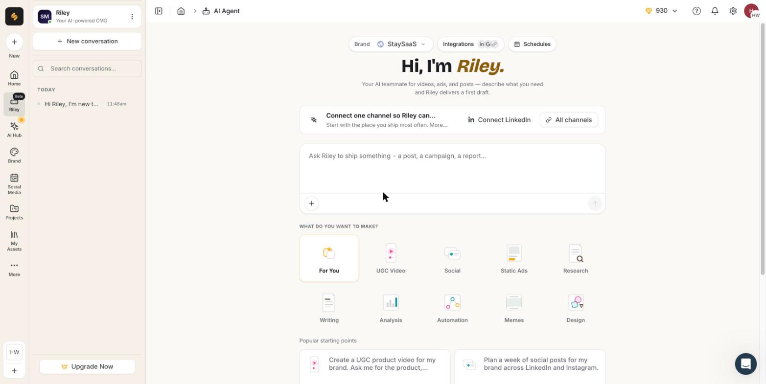 Simplified's Riley AI agent interface on a trial account, showing a prompt box for briefing a campaign and quick-start options for UGC video, social, static ads, and research
