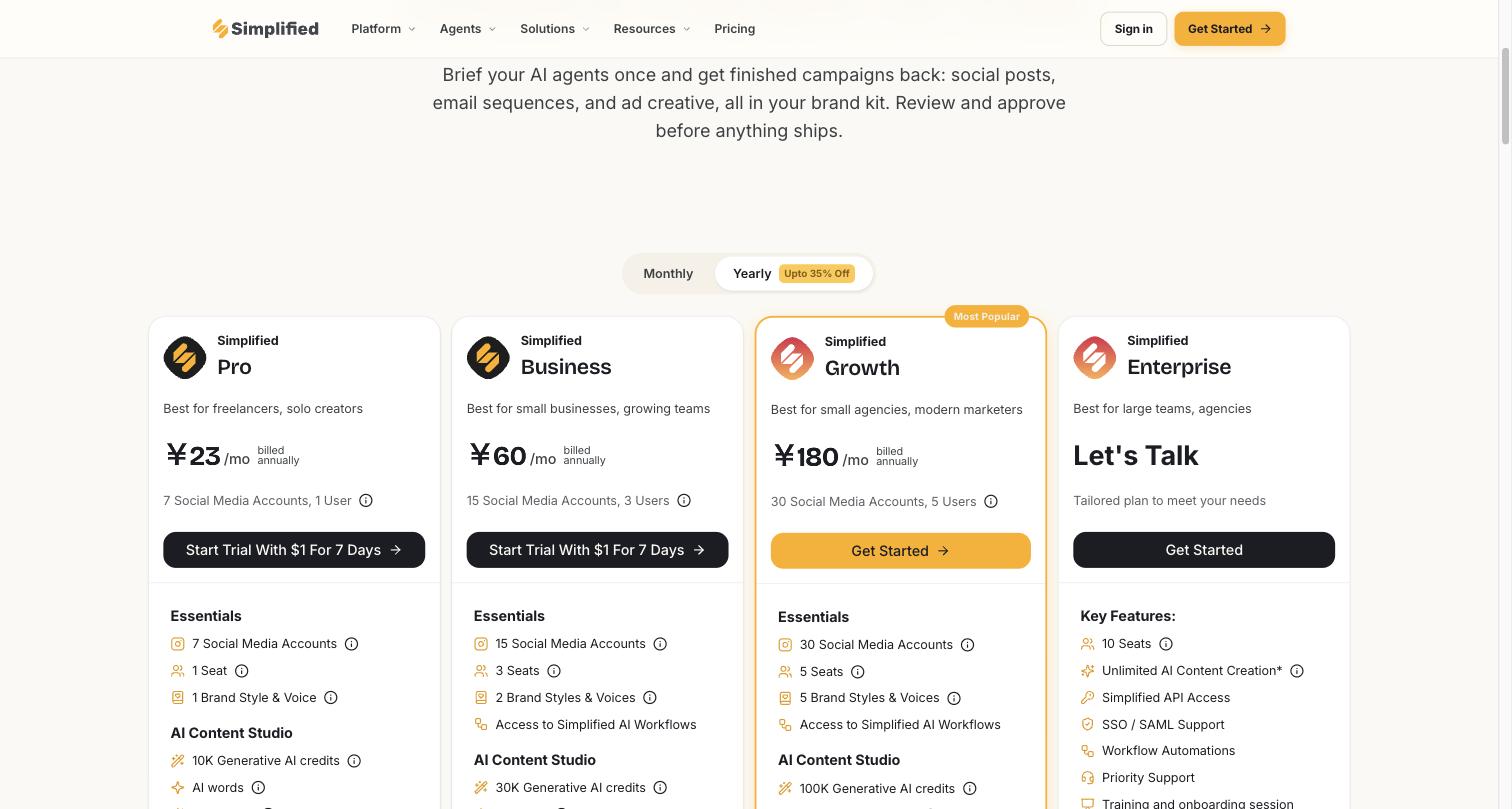 Simplified's pricing page showing Pro, Business, Growth, and Enterprise plans billed annually, with social account and seat counts per tier